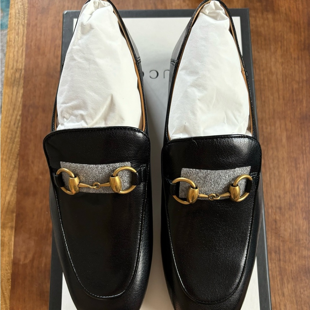 GUCCI Horsebit Slip On Loafer Gold-Tone Black Leather